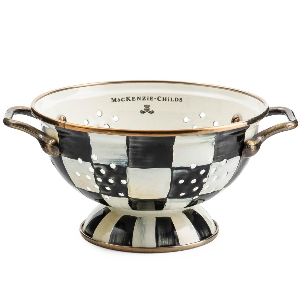 MACKENZIE-CHILDS Enamel Colander, Decorative Kitchen Strainer, Small, Black-and-White Courtly Check
