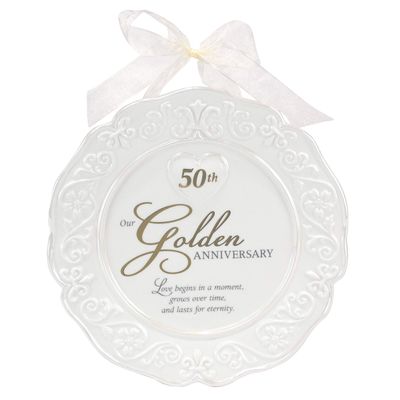 Malden International Designs Glazed Ceramic 50th Anniversary Plate With Gold Accents And Ribbon For Hanging, 9x9, White