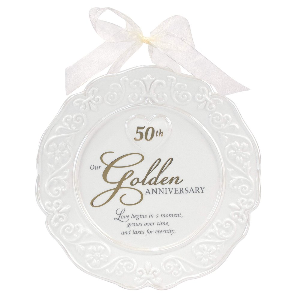 Malden International Designs Glazed Ceramic 50th Anniversary Plate With Gold Accents And Ribbon For Hanging, 9x9, White
