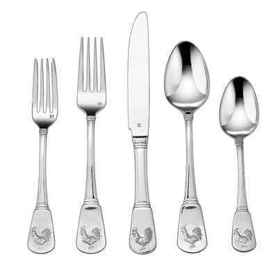 Cuisinart CFE-01-FR20 20-Piece Stainless Steel Flatware Set  French Rooster Pattern, Heavy-Gauge Handcrafted Silverware, Dishwasher Safe