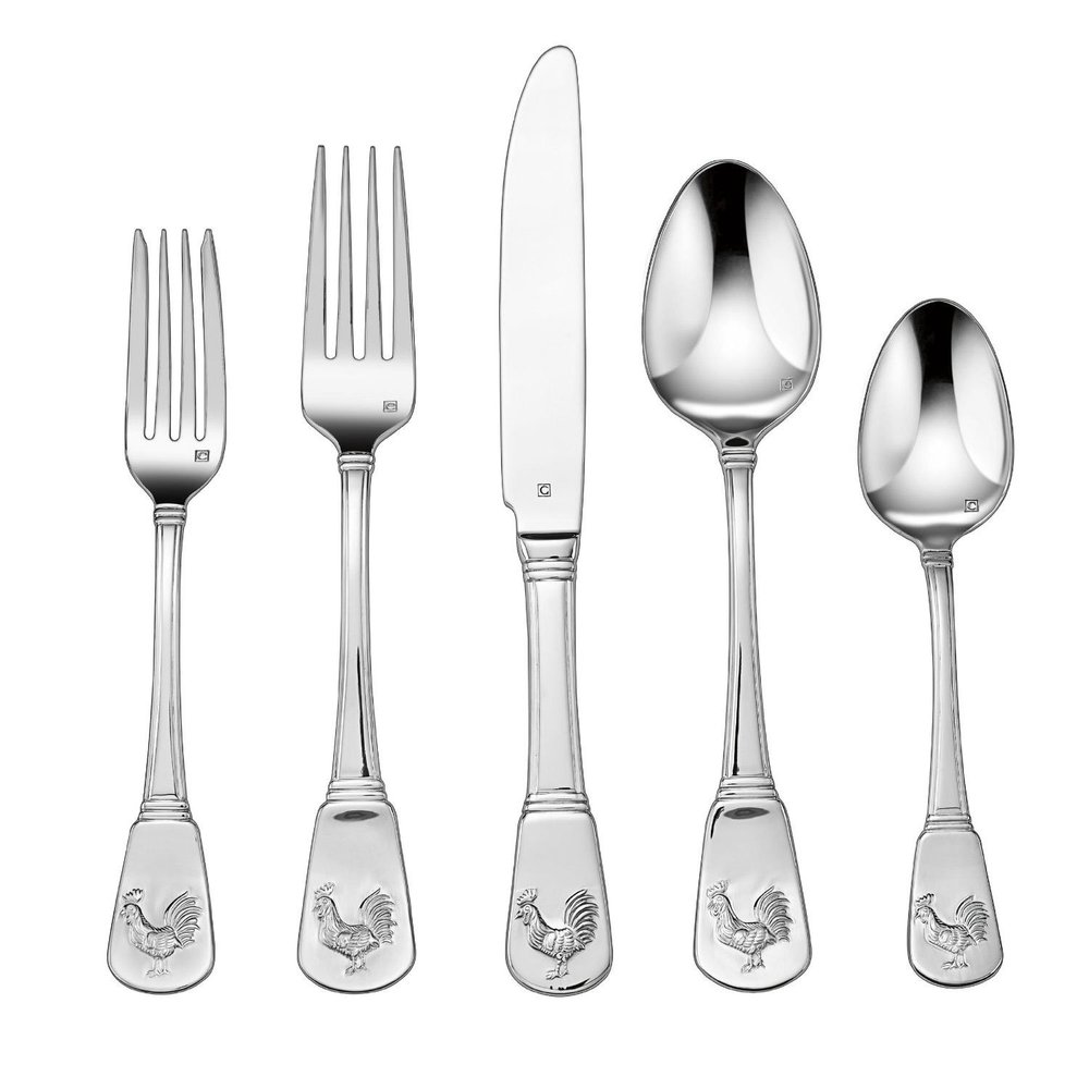 Cuisinart CFE-01-FR20 20-Piece Stainless Steel Flatware Set  French Rooster Pattern, Heavy-Gauge Handcrafted Silverware, Dishwasher Safe