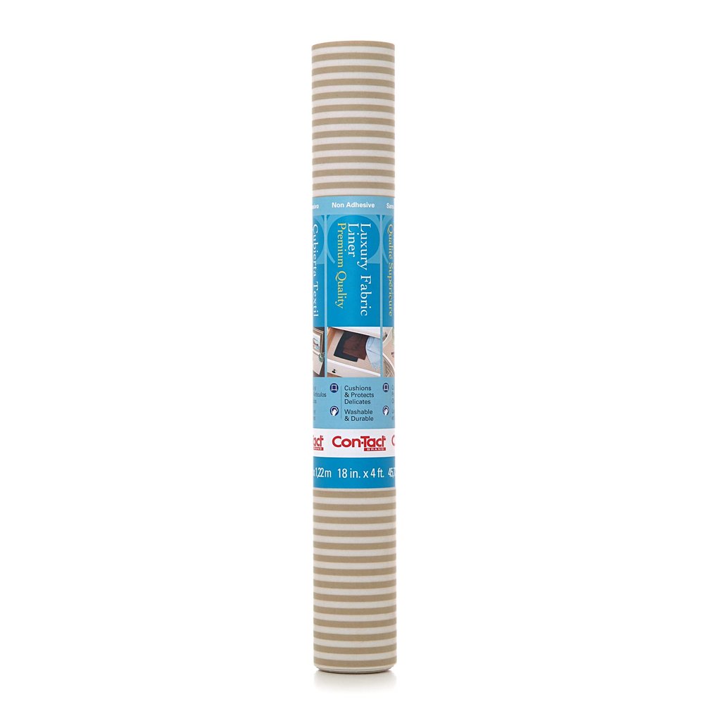 Con-Tact Brand Luxury Fabric Liners, Non-Adhesive Drawer and Shelf Liner, Multi-Functional Protective Liner, 18" x 4', Pajama Stripe Tan, Pack of 1 Roll