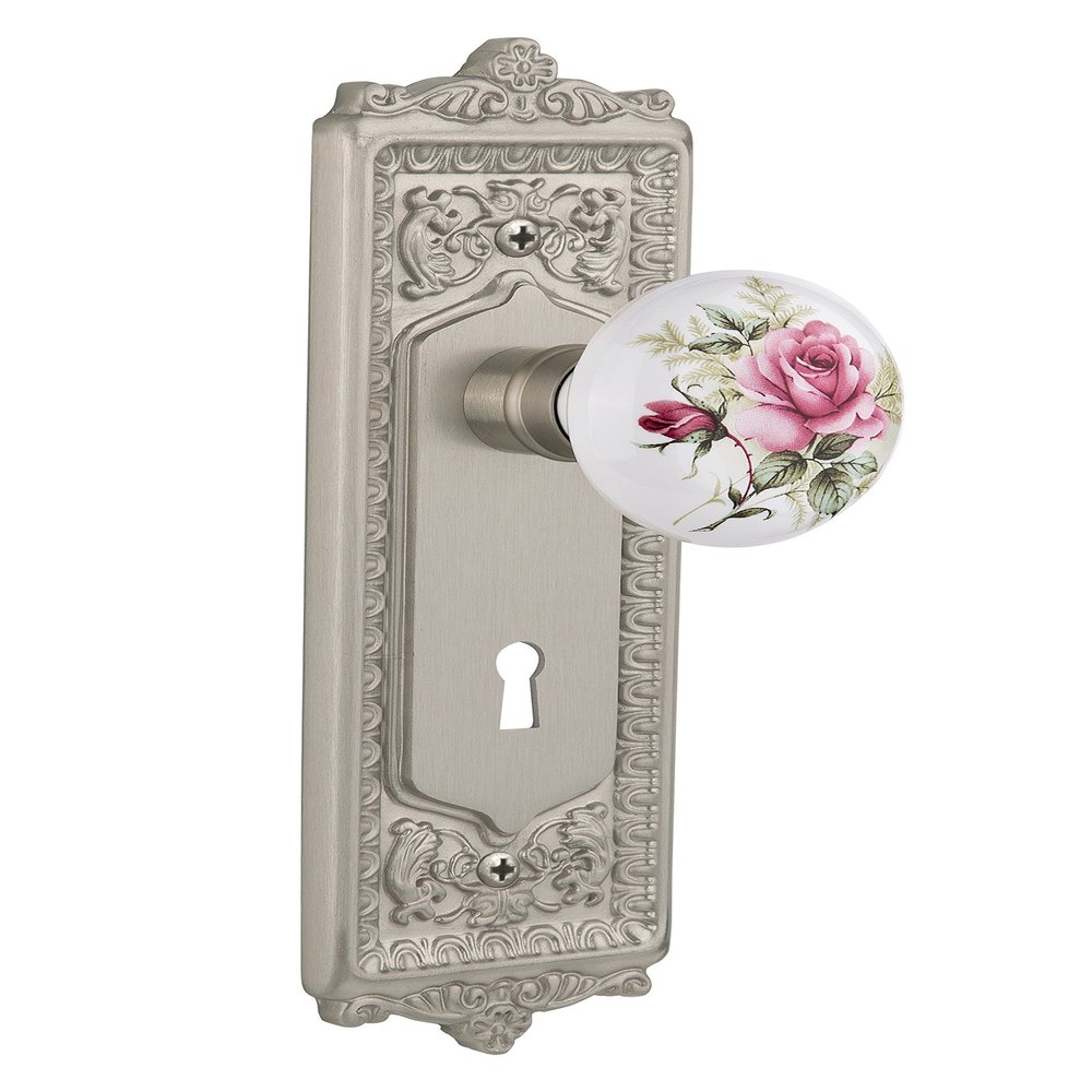 Nostalgic Warehouse 711042, Single Dummy, Satin Nickel Egg & Dart Plate with Keyhole White Rose Porcelain Knob