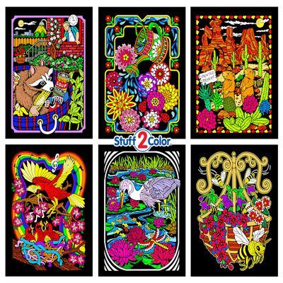 Stuff2Color Fuzzy Velvet Coloring Posters (6 Pack) - Flowers, Raccoon, Bee,Prairie Dogs, Birds & More (Hours of Coloring for Kids & Adults!)