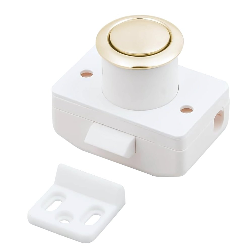 Man Ship 7100G Marine Push Button Latch 304 Stainless Steel, Round Cabinet Latch with Spacer Ring & Plate Gold Finish Fits 1/2" to 1" Door Thickness, (7100G - Gold)