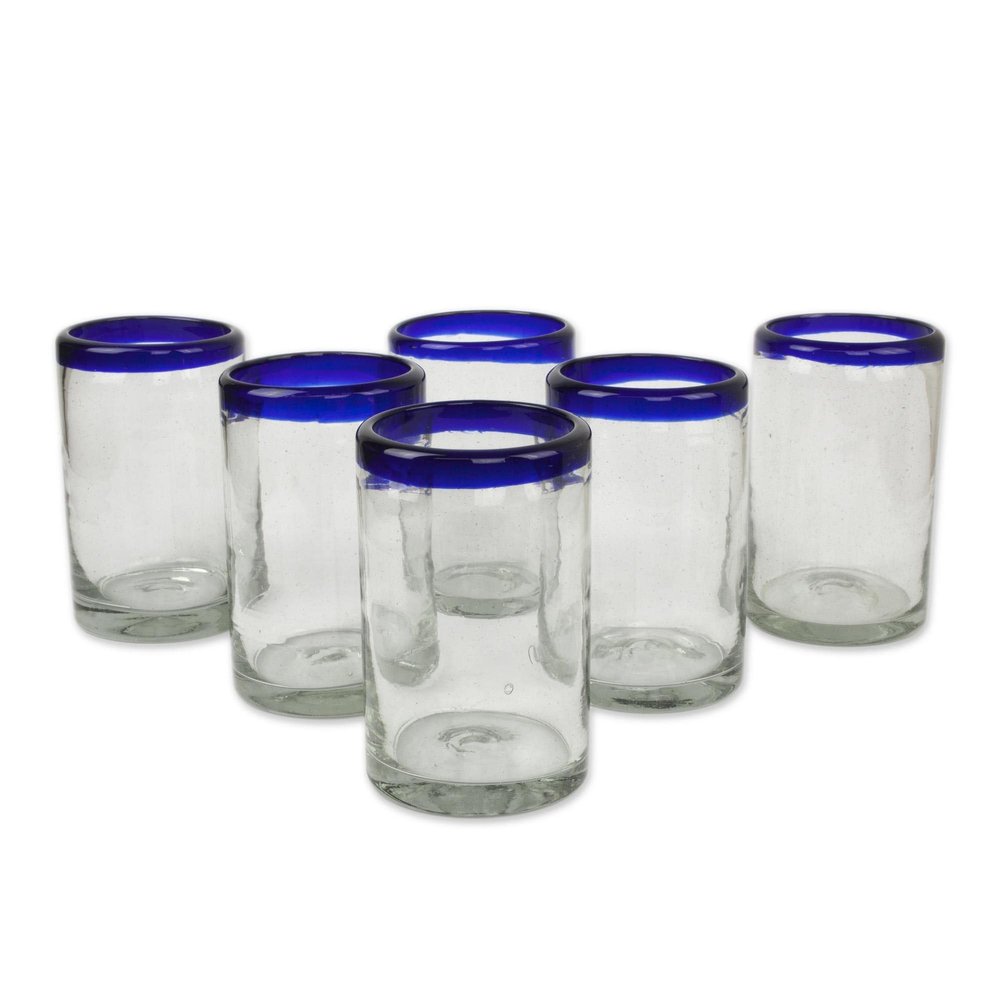 NOVICA Artisan Crafted Hand Blown Clear Cobalt Blue Rim Recycled Glass Tumblers,14 Oz. 'Classic' (Set Of 6)