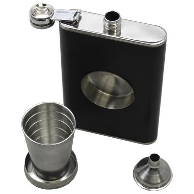 BlueDot Trading Leather and Stainless Steel 8 oz Liquor Flask with Built In Collapsible 2 oz Stainless Steel Shot Glass and Funnel - 1 2 3 or 4-Pack (1)
