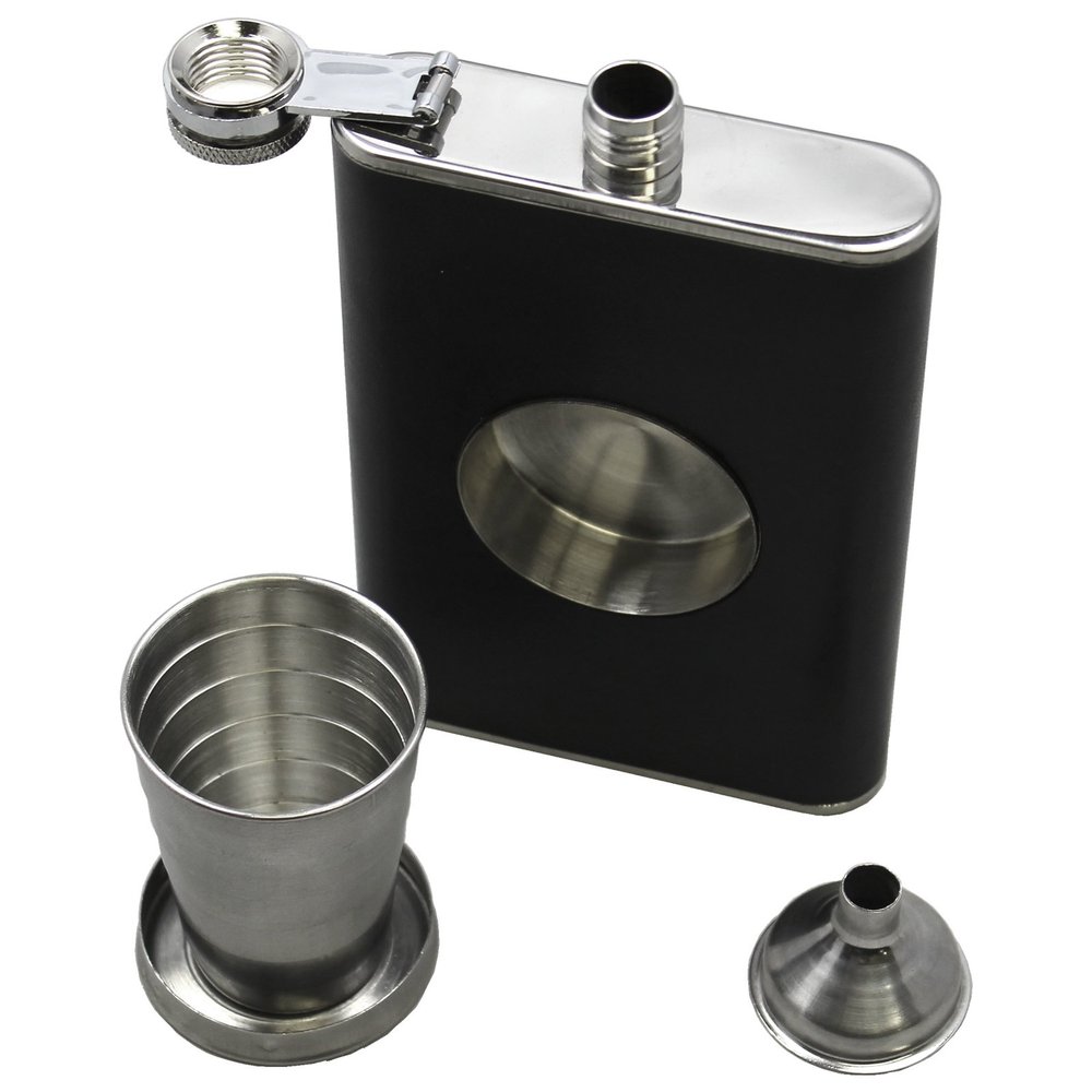BlueDot Trading Leather and Stainless Steel 8 oz Liquor Flask with Built In Collapsible 2 oz Stainless Steel Shot Glass and Funnel - 1 2 3 or 4-Pack (1)