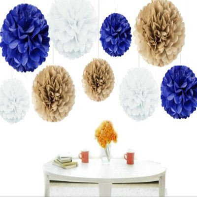 Kubert 18pcs Mixed Sizes 8'' 10'' 14'' Premium Tissue Paper Pom-poms Flower Ball Wedding Party Outdoor Decoration - Royal Blue, Gold & White