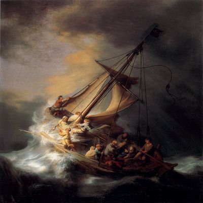 Roya Art-The Storm on the Sea of Galilee by Rembrandt Hand Painted Famous Baroque Paintings Reproductions Oil Painting On Canvas Christian Painting For Wall Decoration, Size 24" wide x 36" high