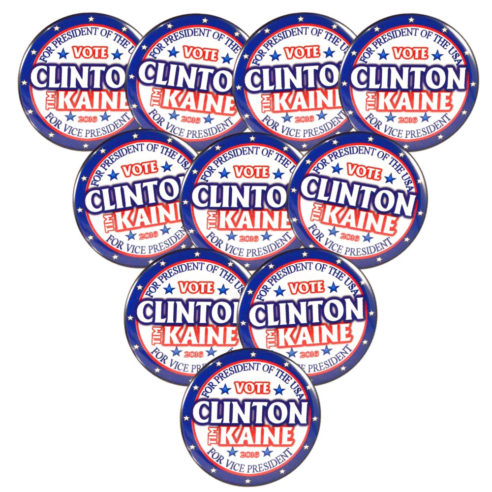 Pack-10 Clinton/Kaine Stars Button with Magnet back by Valxart, 2.25", 2016
