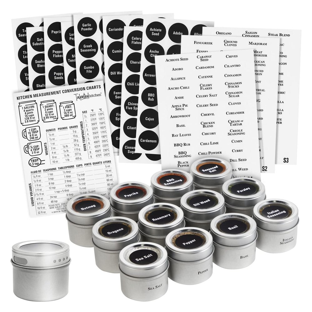 Talented Kitchen Magnetic Spice Jars for Refrigerator - 3 oz, Stainless Steel, Set of 12 - Spice Containers with Labels - Magnetic Travel Containers & Camper Must-Haves