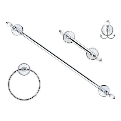 MODONA Four Piece Bathroom Accessories Set, Includes 24 Towel Bar, Robe Hook, Towel Ring, and Toilet Paper Holder  White Porcelain & Chrome - Arora Series - 5 Year Warrantee