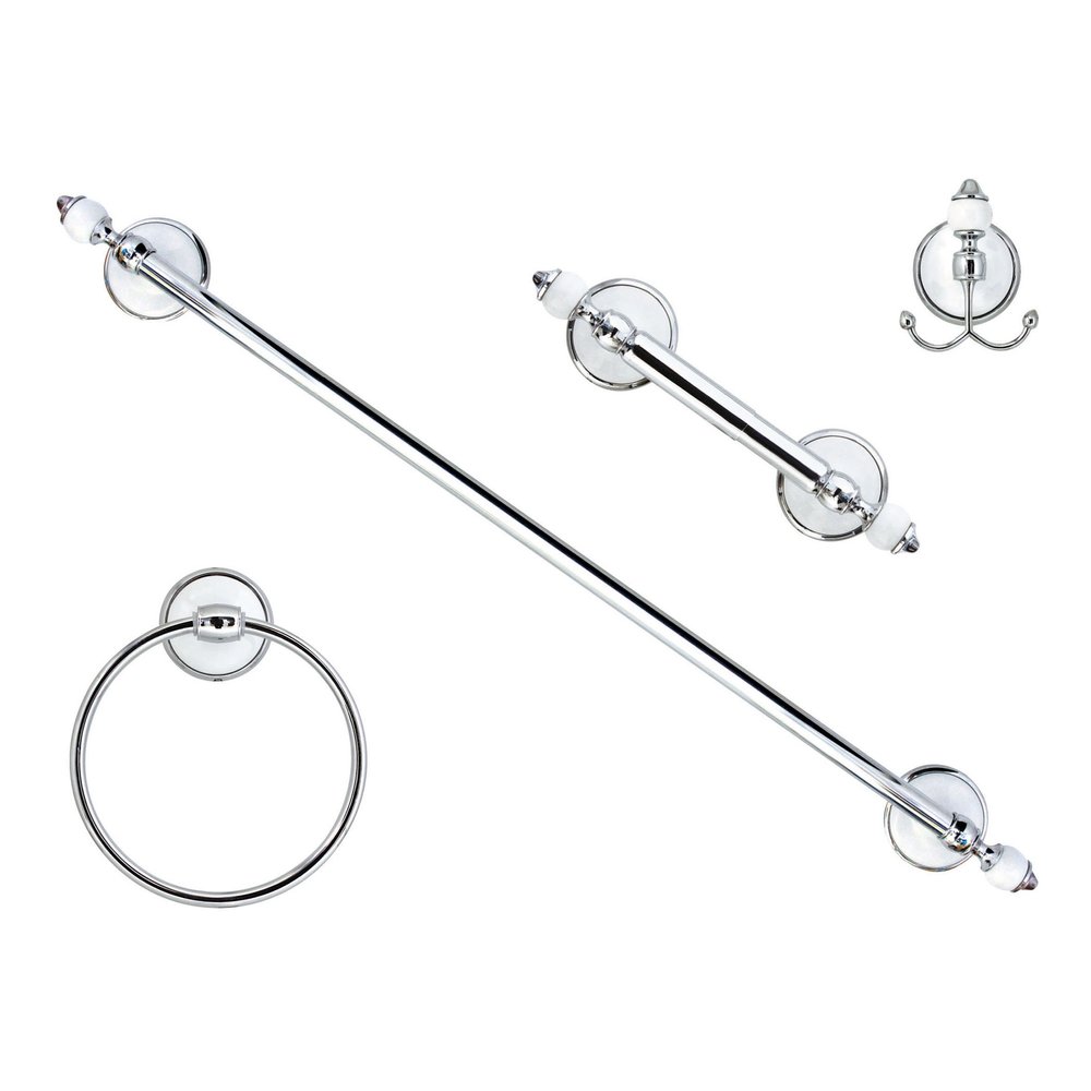 MODONA Four Piece Bathroom Accessories Set, Includes 24 Towel Bar, Robe Hook, Towel Ring, and Toilet Paper Holder  White Porcelain & Chrome - Arora Series - 5 Year Warrantee