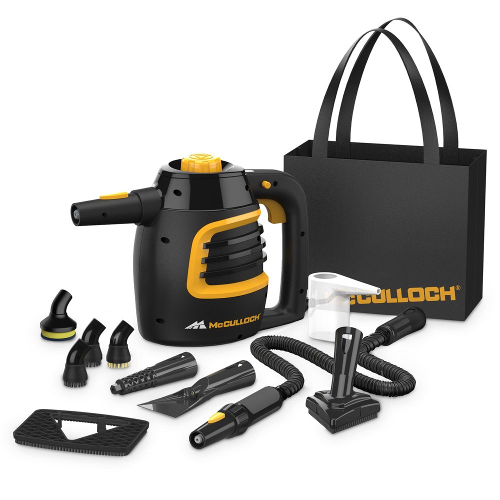 McCulloch MC1230 Handheld Steam Cleaner, 10 Minute Runtime, 11 Accessories: Jet Nozzle, Brushes, & More - Built for Home, Tile, Grout, Carpet, Furniture, & Personal Car Detailing