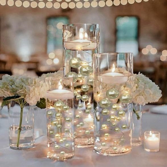 150 Floating Ivory/Off White Pearls - Large Sizes - With Must Have Tranparent Water Gels KIT for The Best Floating Effect - Fills 2 GL of Gels for Your Vases- And 6 Warm White Submersible Fairy Lights