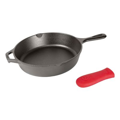 Lodge 12 Inch Cast Iron Skillet with Red Silicone Hot Handle Holder Pre-Seasoned Frying Pan for Stove, Oven, Grill & Campfire Made in the USA Durable, Nonstick Cast Iron Cookware Black