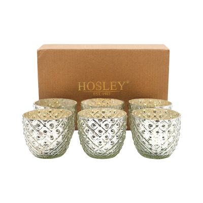 Hosley Set of 6 Metallic Antique Silver Glass Votive Tealight Farmhouse Candle Holder 2.75 Inch Diameter Ideal for Bridal Weddings Parties Events Spa Settings and Aromatherapy MINI Flower Pot O4