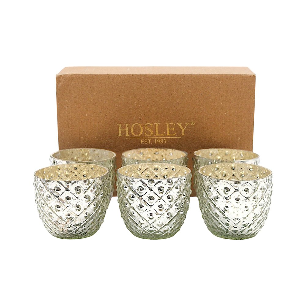 Hosley Set of 6 Metallic Antique Silver Glass Votive Tealight Farmhouse Candle Holder 2.75 Inch Diameter Ideal for Bridal Weddings Parties Events Spa Settings and Aromatherapy MINI Flower Pot O4