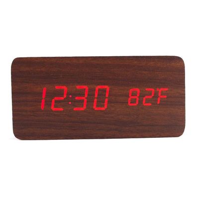 RayLineDo Fashion USB/AAA Brown Wood Red LED Light Wooden Digital Alarm Clock -Time Temperature Date Display - Voice and Touch Activated