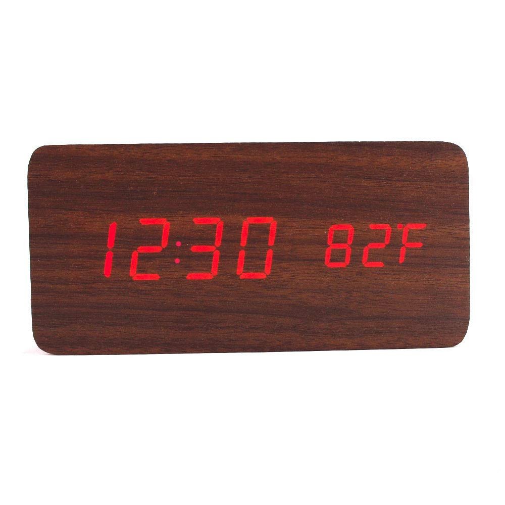 RayLineDo Fashion USB/AAA Brown Wood Red LED Light Wooden Digital Alarm Clock -Time Temperature Date Display - Voice and Touch Activated