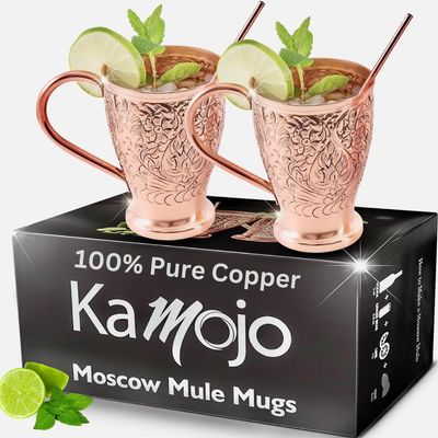 Kamojo Copper Cups Set of 2 with Unique Handcrafted Embossed Design with Anti-Tarnish Food-Grade Coating - Moscow Mule Copper Mugs Gift Set with 2 Straws & Recipe E-Book, 16 oz