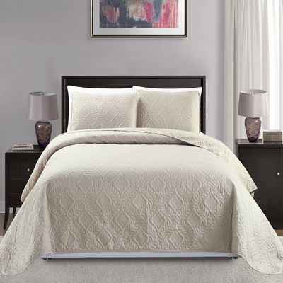 Mk Collection Full/Queen Size Over Size 100"x106" 3pc Diamond Bedspread Bed-Cover Embossed Solid Beige New