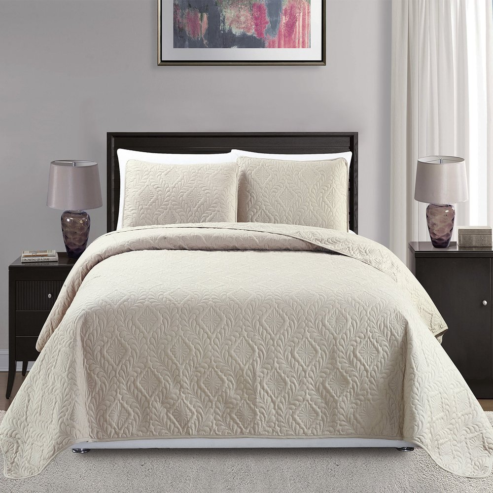 Mk Collection Full/Queen Size Over Size 100"x106" 3pc Diamond Bedspread Bed-Cover Embossed Solid Beige New