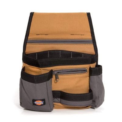 Dickies 11-Pocket Tool/Utility Storage Pouch for Tool Belt, Durable Canvas, Puncture-Resistant Backing, Screwdriver Pockets, Zippered Security Pocket, Hammer Loop, 2-inch Tunnel Loop, Grey/Tan