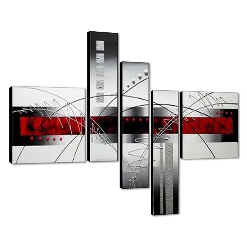 Wieco Art Stretched and Framed 100% Hand-Painted Modern Canvas Wall Art Decor Perfect White Lines Home Decoration Abstract Oil Paintings on Canvas 5pcs/Set