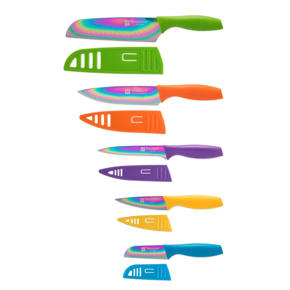 Hampton Forge Tomodachi Kitchen Essentials with Blade Guards Rainbow Titanium 10-Piece Knife Set