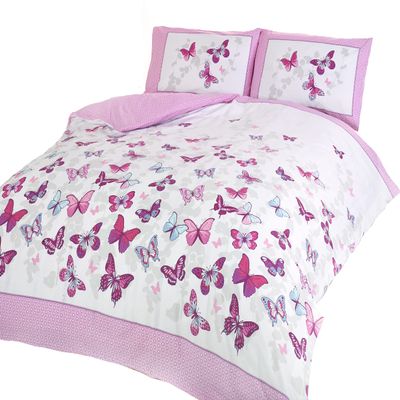 Rapport Home Art Pink & White Butterflies Single Duvet Cover Set, Cotton & Polyester, Pink, Double