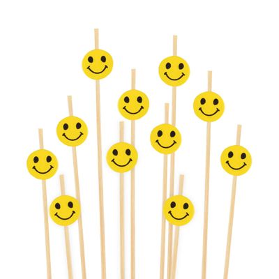 BambooMN 4" Decorative Yellow Smiley Smile Face Cocktail Sandwich Fruit Cupcake Bamboo Skewer Picks for Any Party, 100 Pieces
