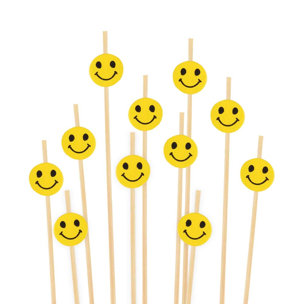BambooMN 4" Decorative Yellow Smiley Smile Face Cocktail Sandwich Fruit Cupcake Bamboo Skewer Picks for Any Party, 100 Pieces