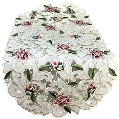 Doily Boutique Table Runner Embroidered with Light Pink Cutwork Roses, Size 70 x 15 inches