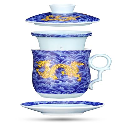 YURROAD Tea Cup with Infuser Lid and Saucer Sets - Jingdezhen Ceramics Mug Chinese Porcelain Teacup Loose Leaf Tea Brewing System for Home Office Personal Portable Mug TC400 - Blue, 13.5oz / 400ml