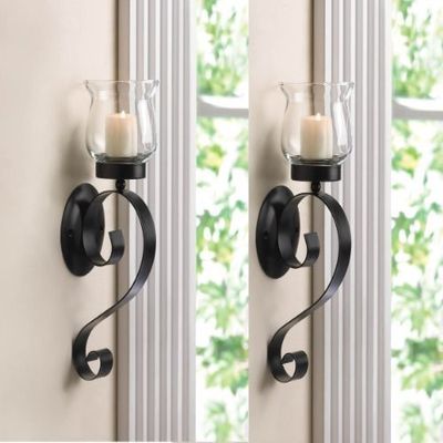 2 Black Iron Artisanal Sconce Wall Mount Hurricane Garden Candle Holder Set Pair by sallyashop