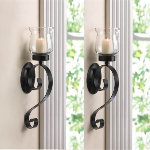 2 Black Iron Artisanal Sconce Wall Mount Hurricane Garden Candle Holder Set Pair by sallyashop