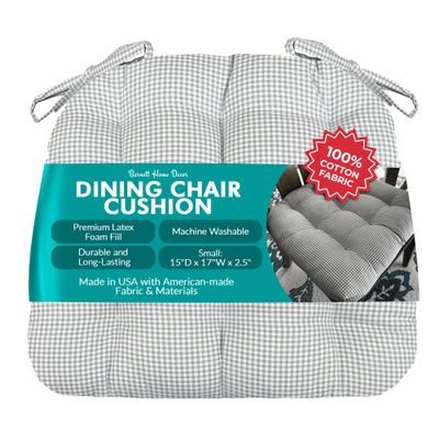 Barnett Home Decor Madrid Grey Dining Chair Pad with Ties - 15 x 17 Size Small Chair Cushion - Latex Foam Fill - Machine Washable, Reversible, 100% Cotton, Made in USA (Grey White Gingham Check)