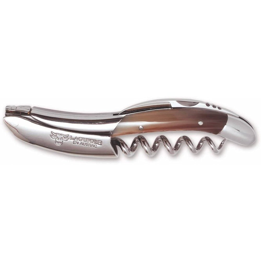 Laguiole En Aubrac Sommelier Waiter's Corkscrew, Solid Horn Handle, Wine Opener With Foil Cutter & Bottle Opener, Polished Bolster