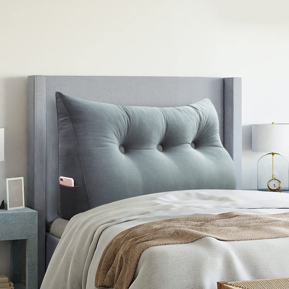 VERCART Large Headboard Pillow Wedge Bed Rest Reading Pillow Daybed Pillows Triangular Headboard Wedge Pillows Bolster Gap Filler Triangle Back Cushion Long Wedge Pillow, Velvet Light Gray Twin