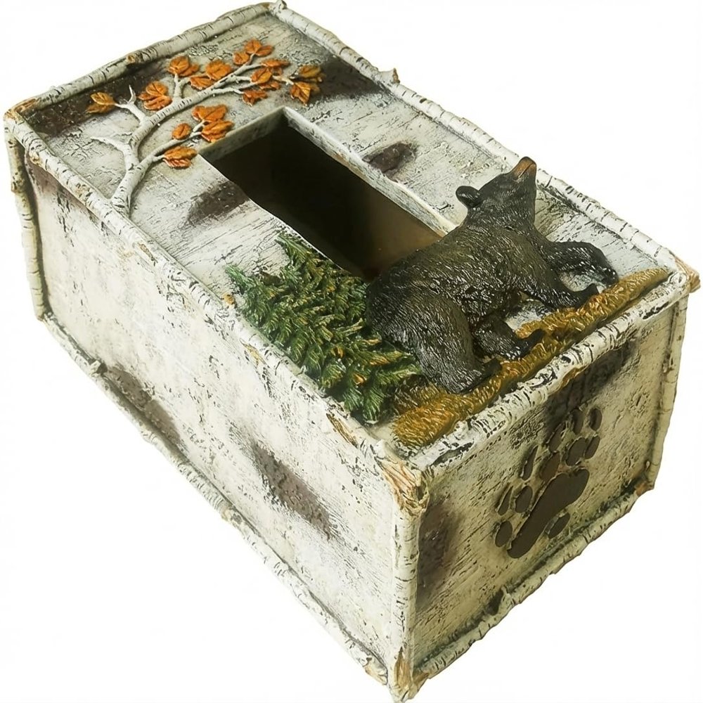 Comfy Hour Western Retro Collection 4" Rustic Nature Birch Black Bear Tissue Paper Holder Cover Box, Polyresin
