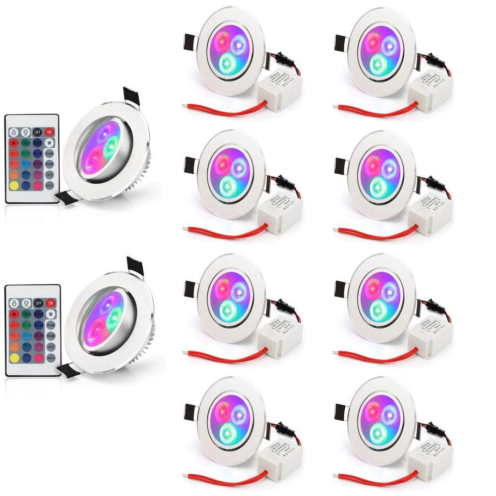 Esbaybulbs Pack of 10 LED Color Changing Recessed Lighting 3W RGB Downlight Ceiling Light with Remote Control