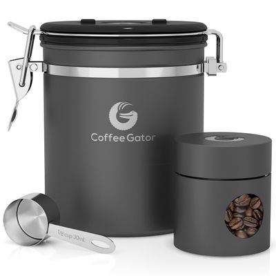 Coffee Gator Coffee Canister Airtight, 16oz Stainless Steel and 4oz Borosilicate Glass Travel Kitchen Food Storage Container with Date Tracker, Scoop for Beans, Ground, Sugar, Tea, Cookies Jars