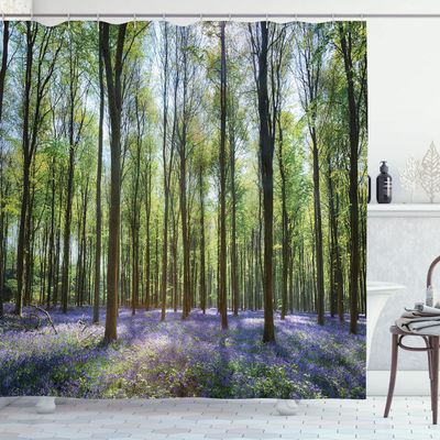 Ambesonne Woodland Shower Curtain, Bluebells in Wepham Woods Landscape Flowers Rural Countryside Woodland, Cloth Fabric Bathroom Decor Set with Hooks, 69" W x 84" L, Green Lavender