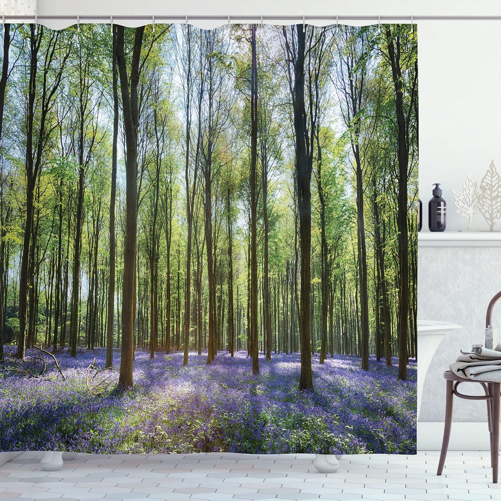 Ambesonne Woodland Shower Curtain, Bluebells in Wepham Woods Landscape Flowers Rural Countryside Woodland, Cloth Fabric Bathroom Decor Set with Hooks, 69" W x 84" L, Green Lavender