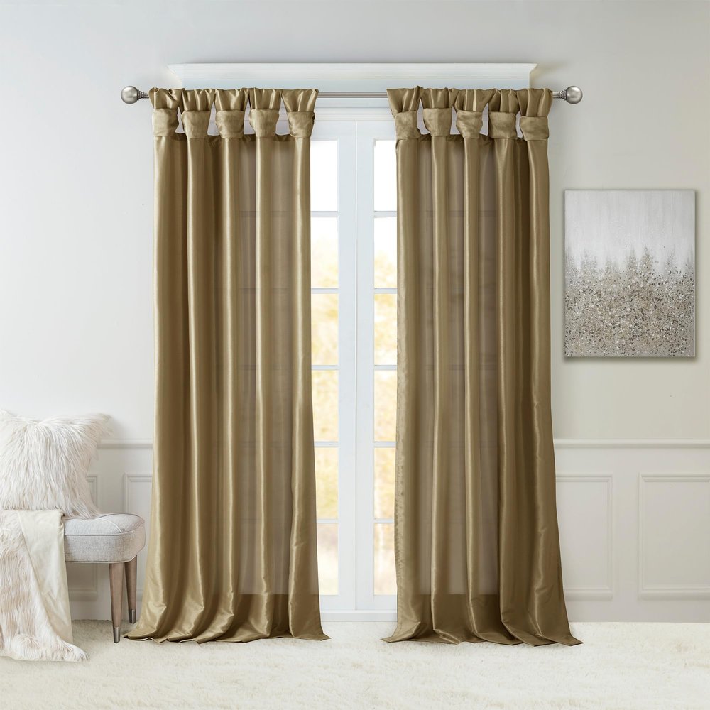 Madison Park Emilia Faux Silk Single Curtain with Privacy Lining, DIY Twist Tab Top, Room Darkening Window Drape for Living Room, Bedroom and Dorm, 84"L x 50"W, Bronze