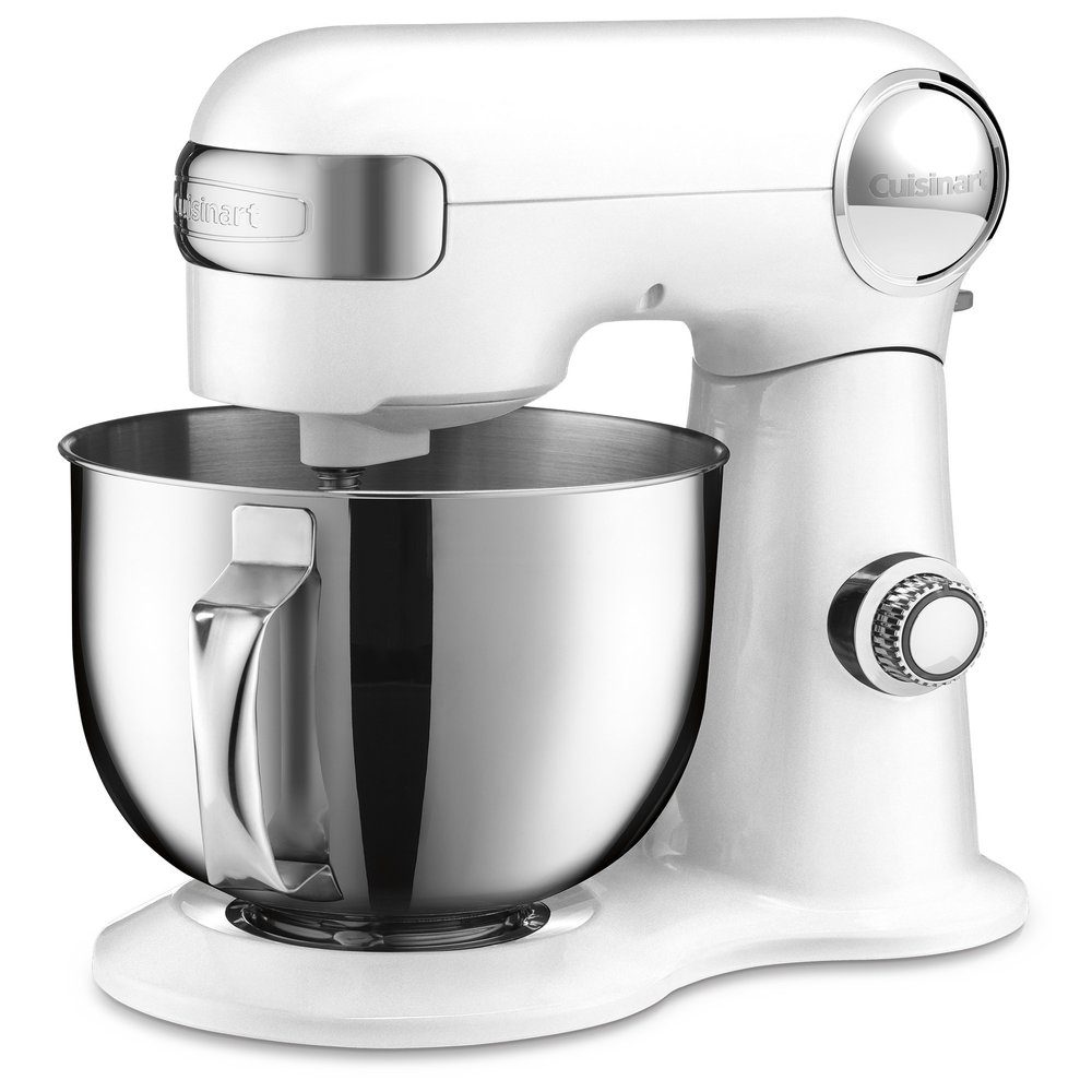 Cuisinart Stand Mixer, 12 Speed, 5.5 Quart Stainless Steel Bowl, Chefs Whisk, Mixing Paddle, Dough Hook, Splash Guard w/ Pour Spout, White Linen, SM-50, Manual