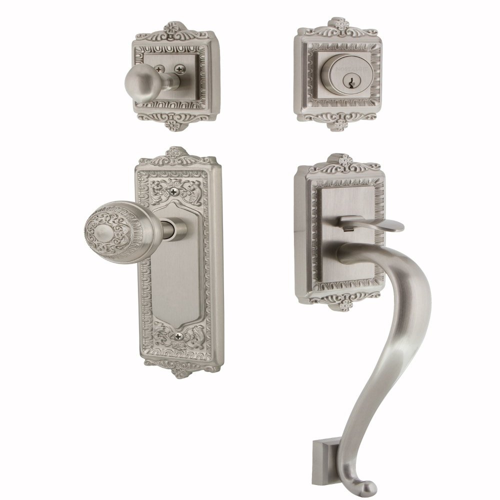 Nostalgic Warehouse 719543 Egg and Dart S Grip Entry Set & Knob, Backset - 2.375", Satin Nickel