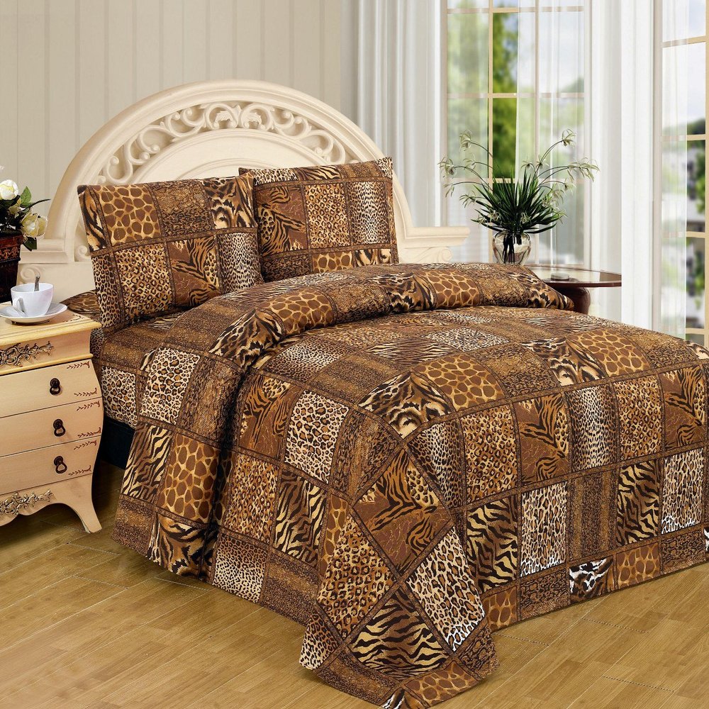 WPM Brown Black Leopard Zebra Queen Size Sheet Set 4 Pc Safari Animal Print Pillow Shams Bedding